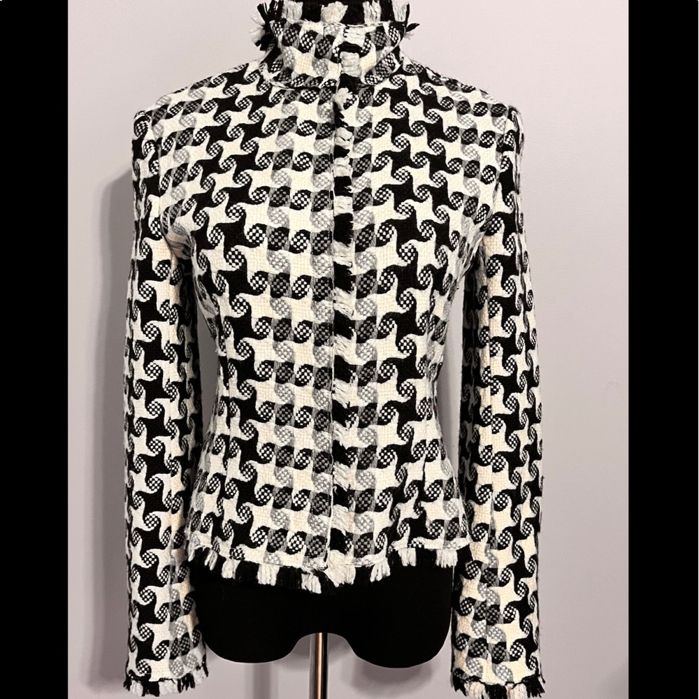 IISLI Hounstooth Tweed Fringe Checked Jacket Size 8